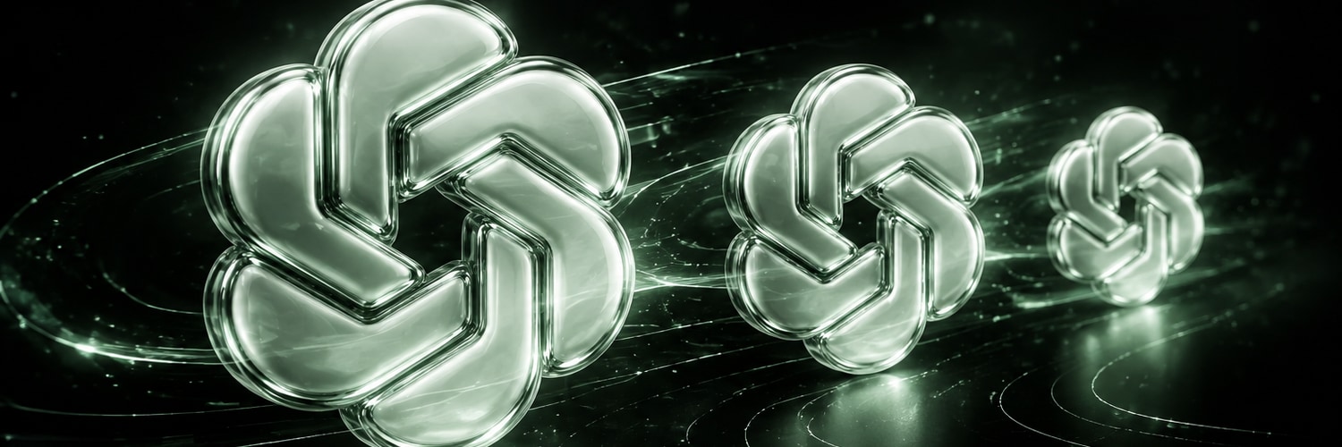 Three pearl-mint glass loops moving through a black signal field
