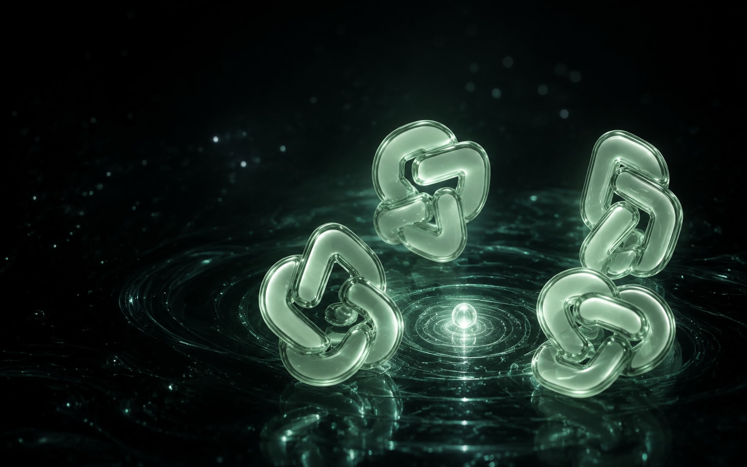 Four glass loop-creatures discovering a glowing signal